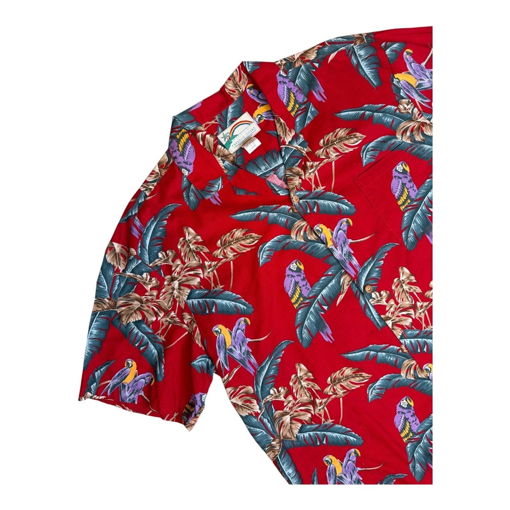 Paradise Found Hawaiian Shirt Mens XL Red Parrot Tropical Cotton Made in Hawaii